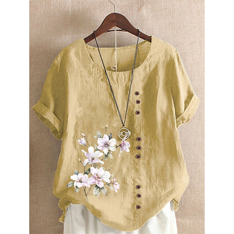Women's 100% Shirt Blouse Floral Linen Vintage Basic Holiday Short Sleeve Crew Neck Regular Tops Daily Buttons Print White Yellow Pink Lavender Green Summer Spring4