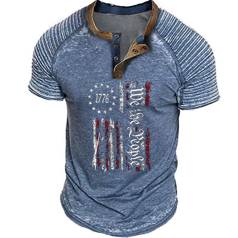 1776 We The People Mens Graphic Shirt 3D | Blue Summer Cotton Prints Slim Pleated Patriotic National Flag Fashion Designer Basic Hot Stamping