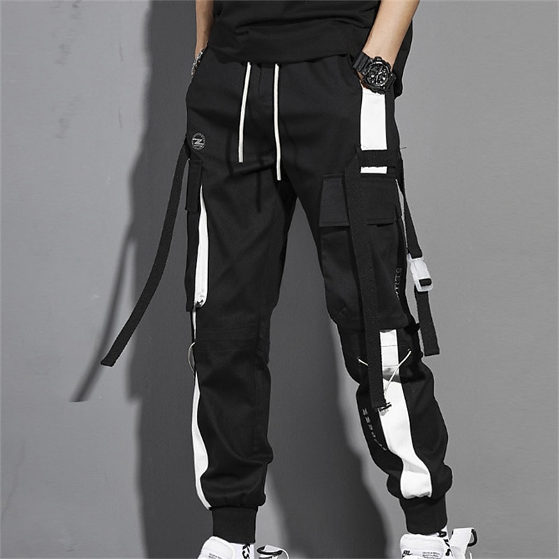 Men's Cargo Pants Cargo Trousers Joggers Trousers Cropped Pants Drawstring Elastic Waist Multi Pocket Color Block Comfort Wearable Casual Daily Holiday Sports Fashion Black White3