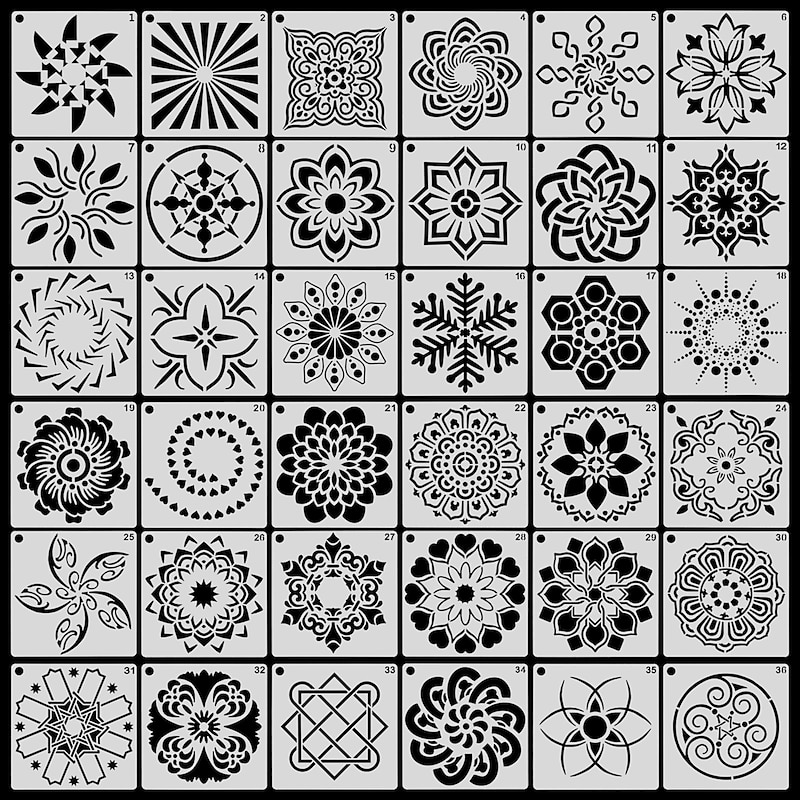 36pcs Templates Stencil Set, Reusable Craft Stencils, Mandala Stencils, Laser Cutting Painting Stencils For DIY Painting Art Scrapbook, Wood, Paper, Furniture, Door, Floor Wall, 9x9cm(3.5*3.5in)
