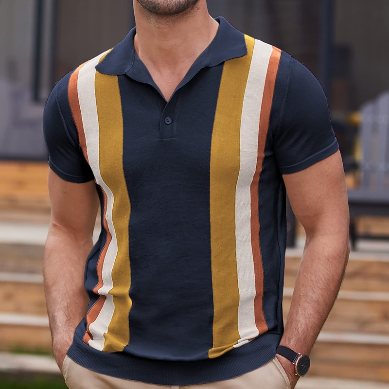Men's Golf Shirt Knit Polo Casual Daily Lapel Short Sleeve Vintage Stylish Striped Button Summer Black Brown Apricot Golf Shirt3