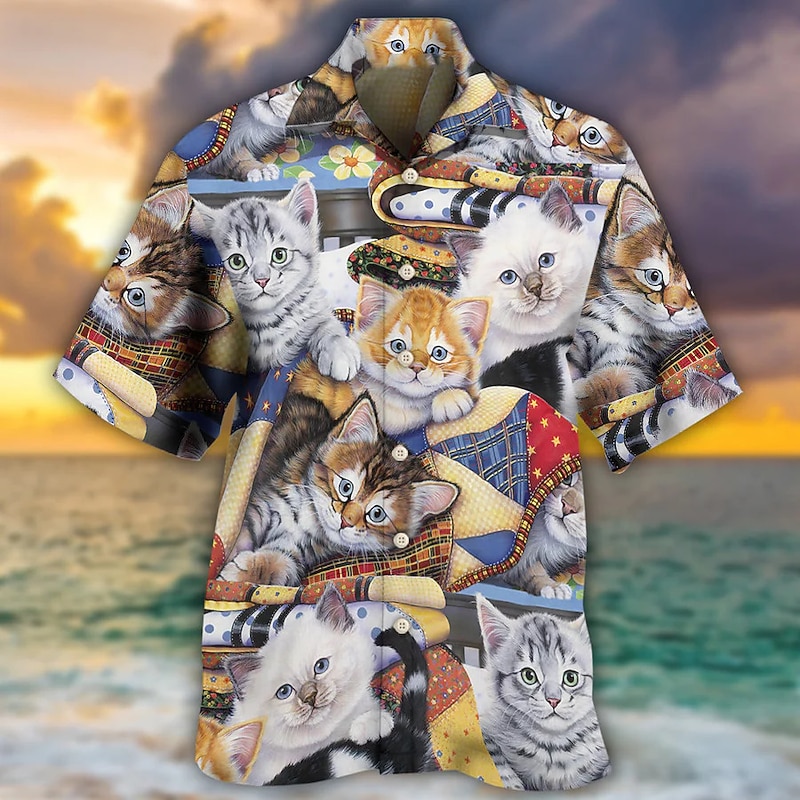 Men's Animal Cat Tropical Shirt Summer Hawaiian Shirt Aloha Shirt Short Sleeve Shirt Turndown Tropical Fashion Hawaiian Casual Hawaiian Holiday White Blue Light Purple S M L2