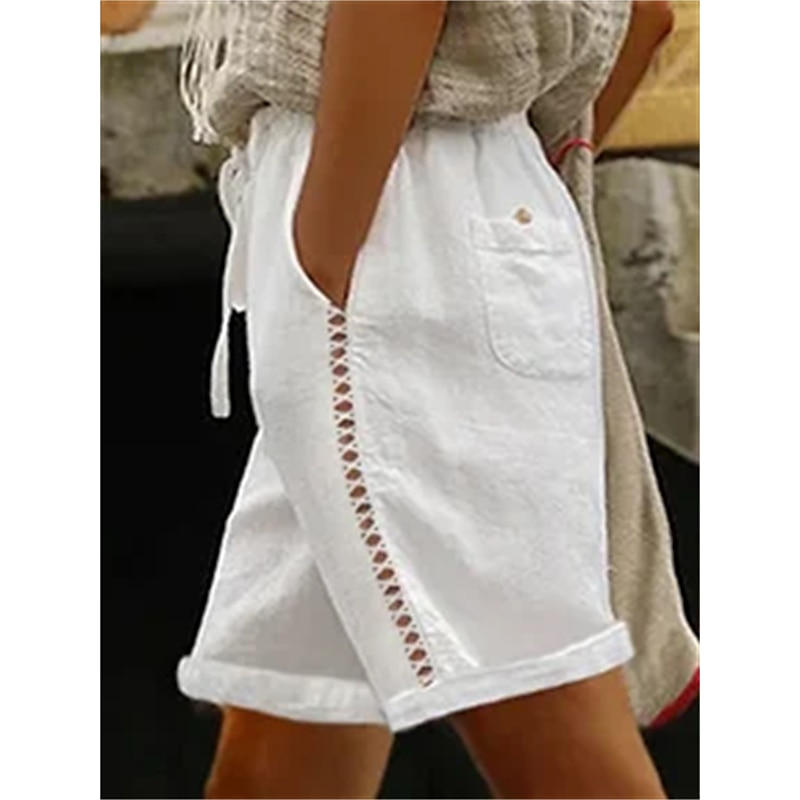 Women's Cotton Linen Shorts Wide Leg Shorts Fashion Short Plain Side Pockets Cut Out Comfort Inelastic Vacation Dark Grey White Khaki Light Grey Regular Fit