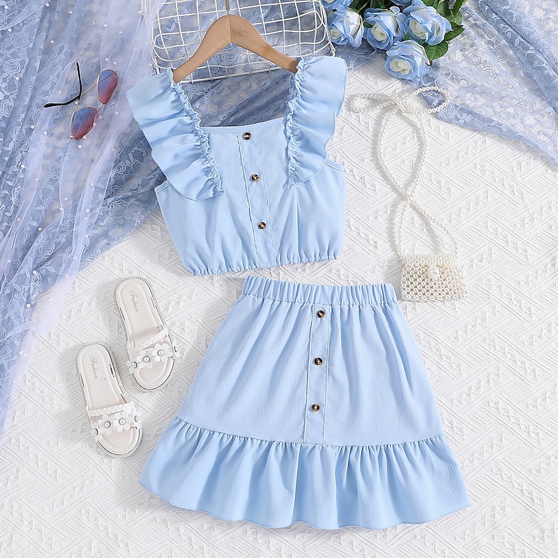 2 Pieces Kids Girls' Solid Color Ruffle Dress Suits Set Sleeveless Fashion School 7-13 Years Summer Ivory4