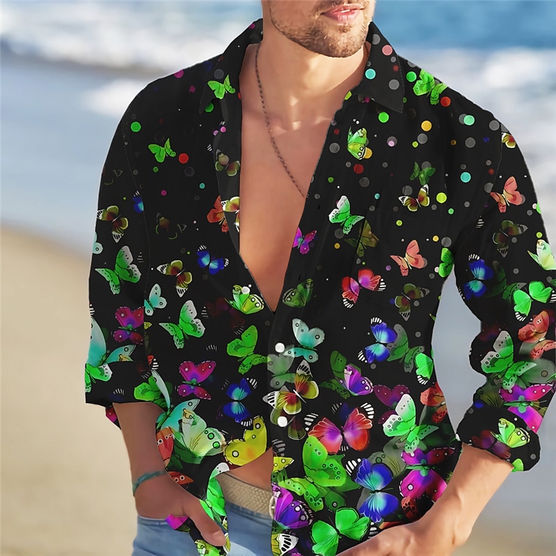 Men's Butterfly Shirt Summer Hawaiian Shirt Aloha Shirt Long Sleeve Shirt Turndown Fashion Streetwear Designer Outdoor Street Casual Yellow Blue Purple S M L4