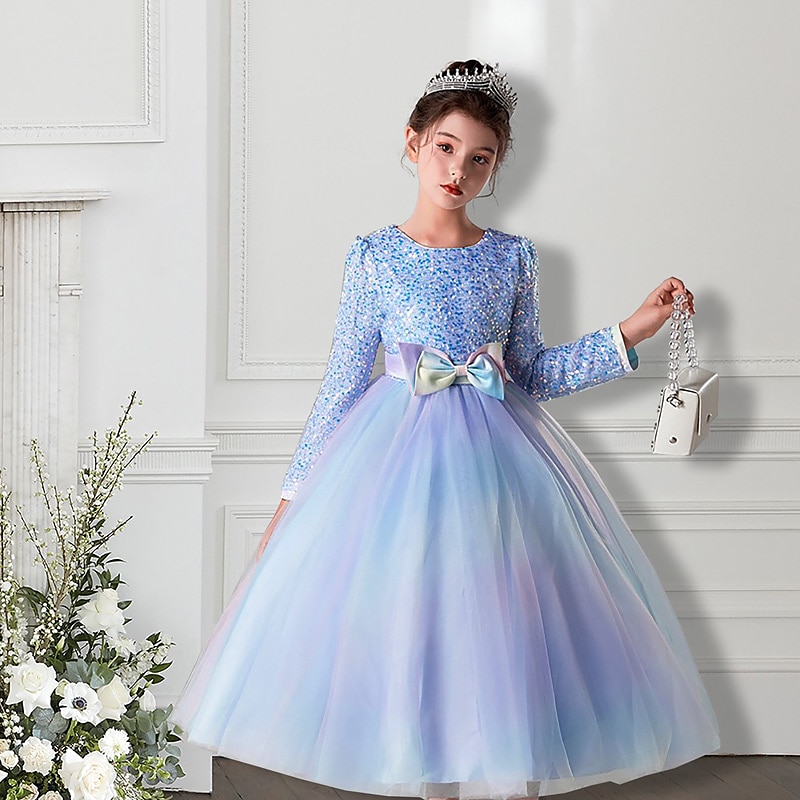 Kids Girls' Flower Girl Dress Party Dress Solid Color Flower Long Sleeve Performance Wedding Party Sequins Tie Knot Elegant Princess Polyester Maxi Tulle Dress Flower Girl's Dress Spring Fall Winter