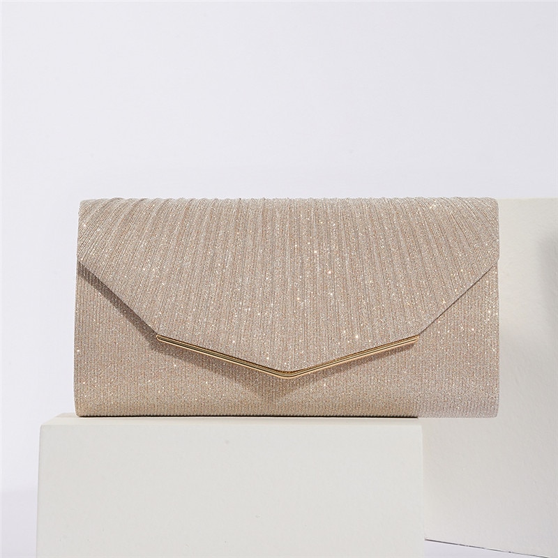 Women's Elegant Gold Glitter Evening Clutch Bag with Metal Accent - Perfect for Weddings, Parties, and Formal Events2