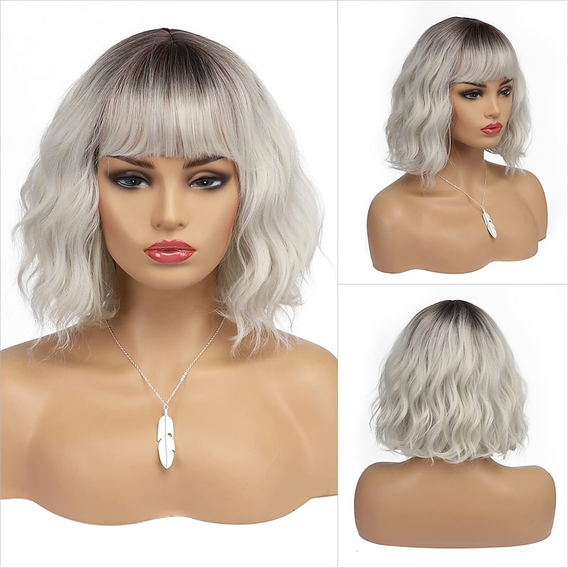 Short White Silver Wigs for Women Ombre Black Grey Curly Wig with Bangs Medium Length Synthetic Hair Water Wave Bob Wig Gray Colorful Wigs Elegant Style2