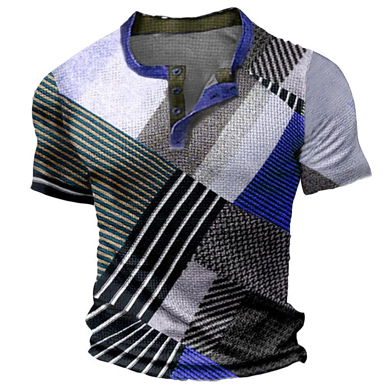 Men's Graphic Color Block Waffle Henley Shirt Tee Vintage Shirt Short Sleeve 3D Print Fashion Designer Comfortable Outdoor Casual Daily Summer Black Blue Sky Blue Brown Gray Henley Henley T-Shirt3