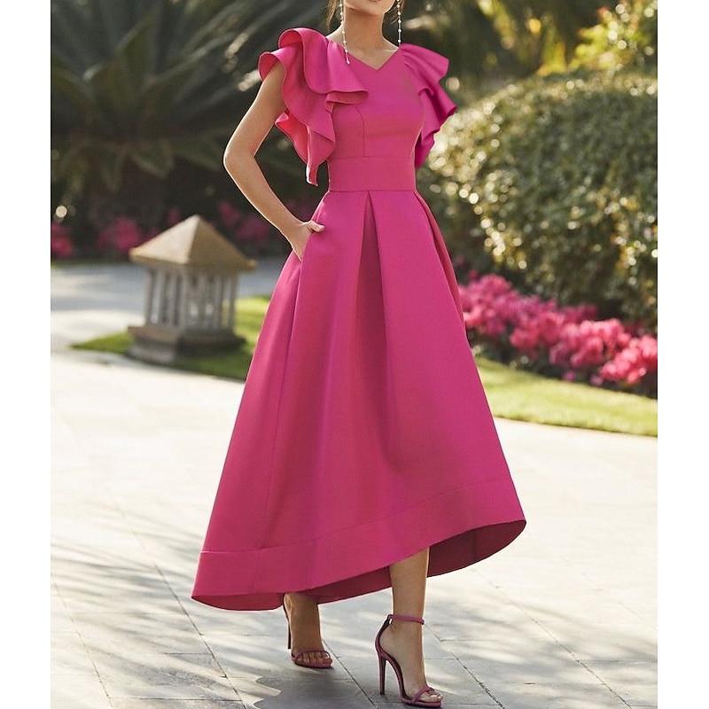 Beach Wedding A-Line Cocktail Dresses Elegant Dress Semi Formal Asymmetrical Sleeveless V Neck Fall Wedding Guest Stretch Fabric with Ruffles Dresses