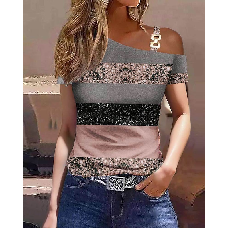 Women's T Shirt Casual Color Block Print Cold Shoulder Short Sleeve Regular Tops Off Shoulder Work Casual Black Blue Brown Khaki Light Grey2