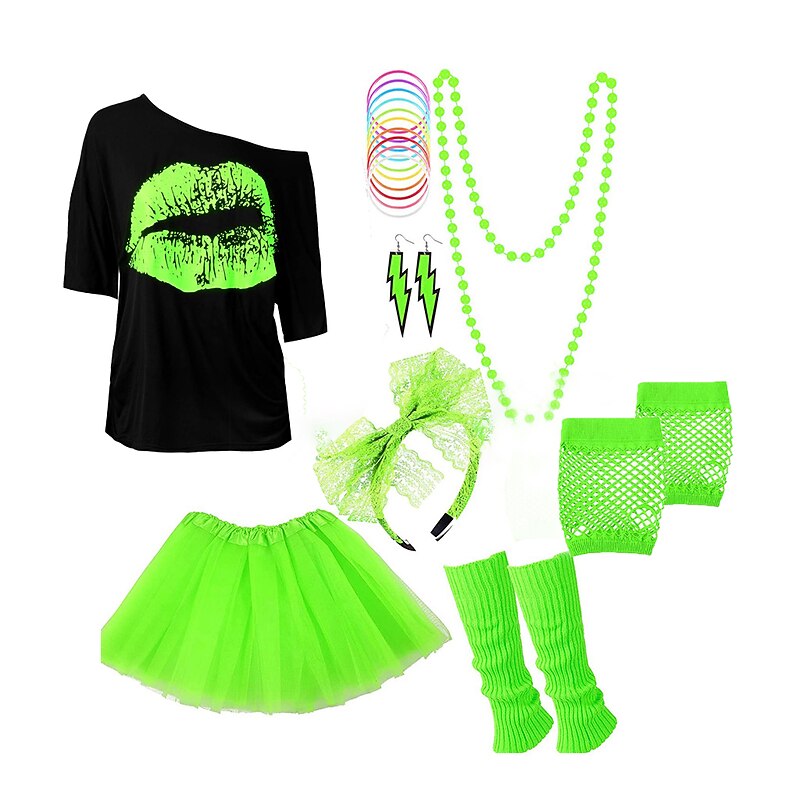 Women's 80s Costumes Outfit 1980s T-Shirts Accessories Set Tee Tutu Skirt Earrings Necklace Bracelets Fishnet Gloves Legwarmers Headband 8 Pcs4