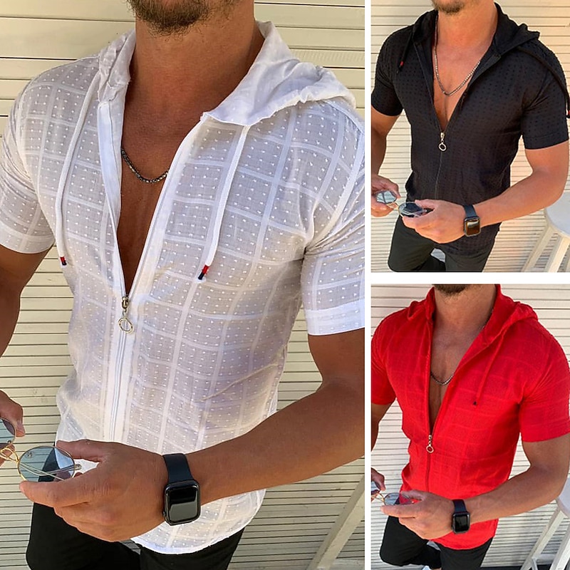 Men's Shirt Summer Shirt Beach Wear Casual Shirt Black White Red Orange Green Short Sleeve Plain Solid Colored Hooded non-printing Work Office / Career Clothing Apparel Vacation Simple Casual Daily