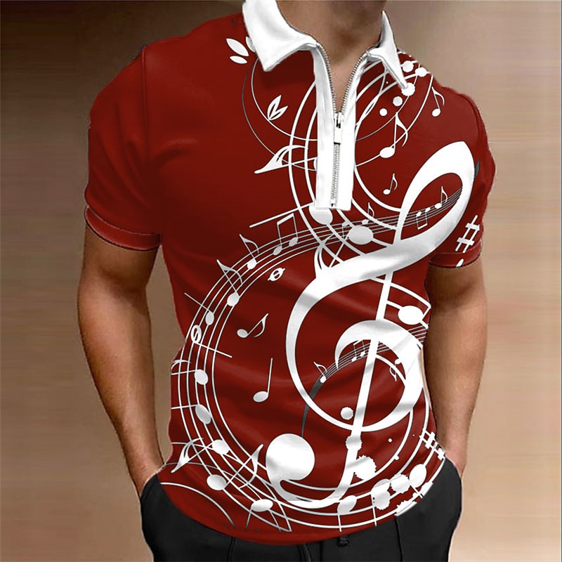 Music Festival Men's Music Zip Polo Shirts Golf Shirt Short Sleeve Polo Shirts Collared Shirts Casual Vacation Wear Festival Wear Party Outfits 3D Print Quarter Zip Polo Black White Wine