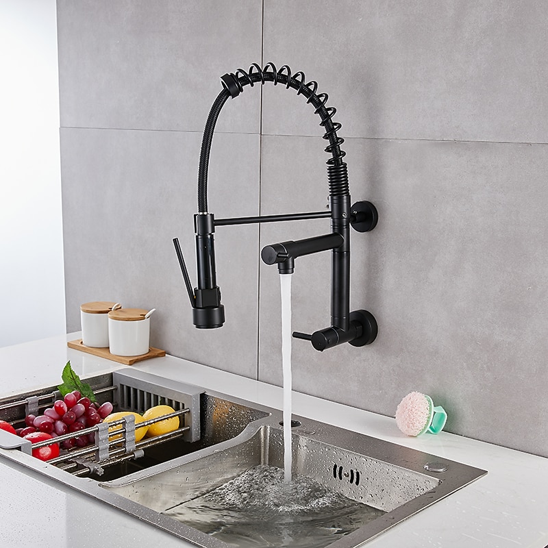 Wall Mounted Kitchen Sink Faucet Only Cold Water Pull Down Sprayer, 360 Swivel Pull Out Kitchen Taps 2 Sprayer Mode Vessel Water Tap Gold Black Chrome 17