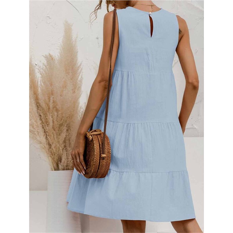 Women's Light Blue ArmyGreen Black Summer Spring Mini Dress Cotton Linen Dresses Casual Dress Tiered Dress Basic Casual Outdoor Daily Regular Fit Pure Color Crew Neck4