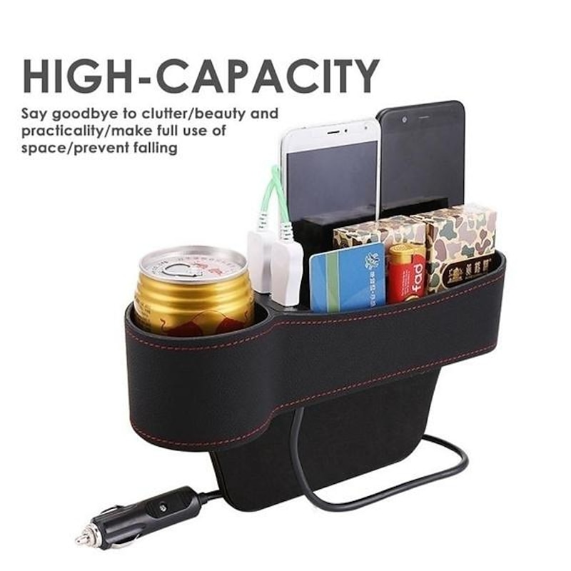 Car Seat Box Organizer Car Console Side Pocket Coin Box and 2 USB Charging Hub for Cellphones3