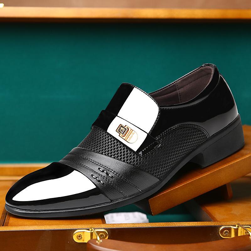 Men's Patent Faux Leather Dress Loafers – Formal Slip-On Shoes with Mesh Accents and Stylish Metal Buckle for Weddings and Business2