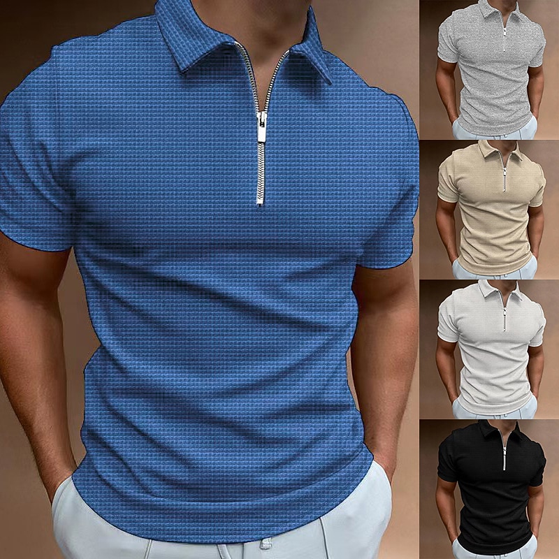 Male Waffle Polo Shirt Daily Wear Date Turndown Short Sleeves Modern Solid / Plain Color Half Zip Spring & Summer Form Fit Black White Royal Blue Dark Grey Beige Waffle Polo Shirt