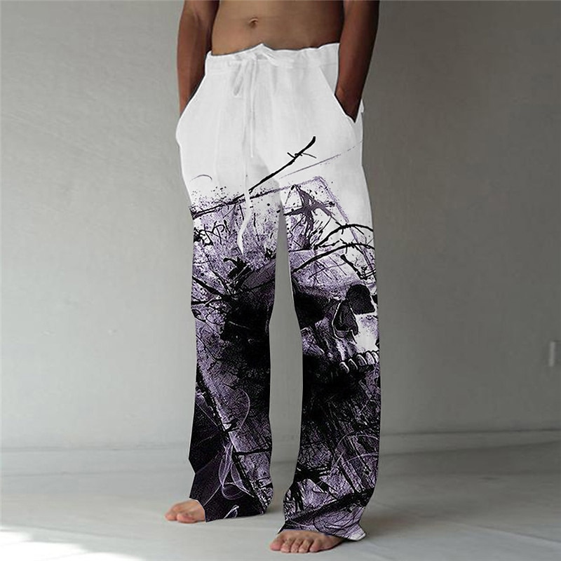 Men's Trousers Summer Pants Beach Pants Elastic Drawstring Design Front Pocket Straight Leg Skull Graphic Prints Comfort Soft Casual Daily Fashion Designer Purple Green2