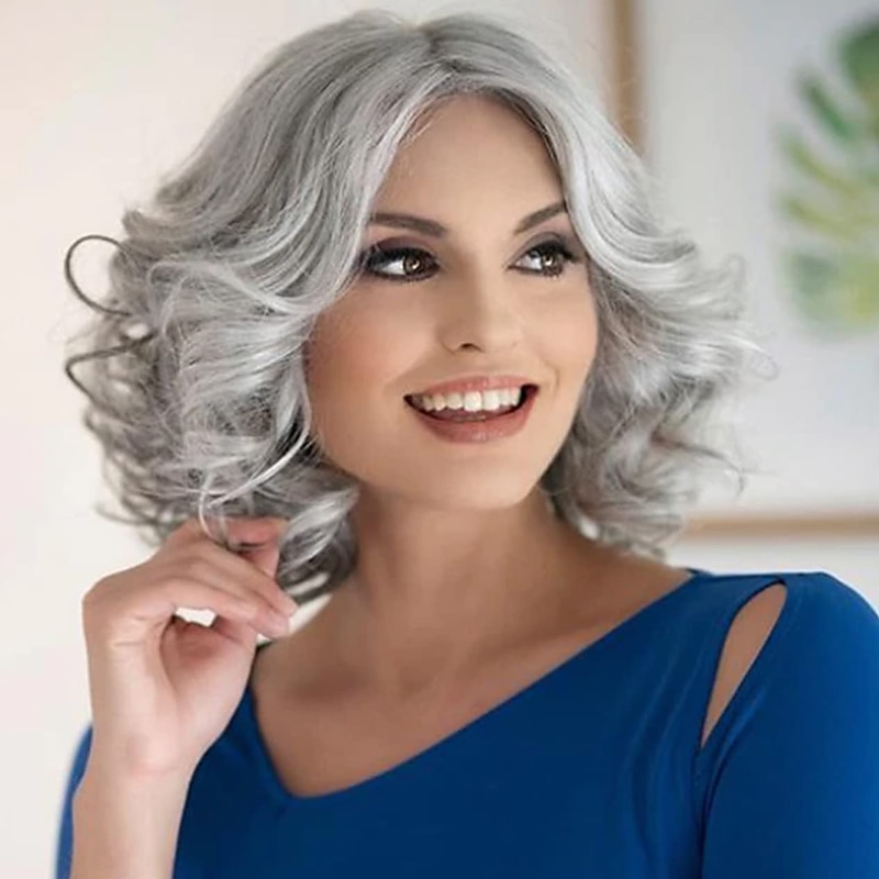 Mixed Grey Short Wavy Wigs for White Women Medium Length Gray Curly Wig Heat Synthetic Natural Looking Wig
