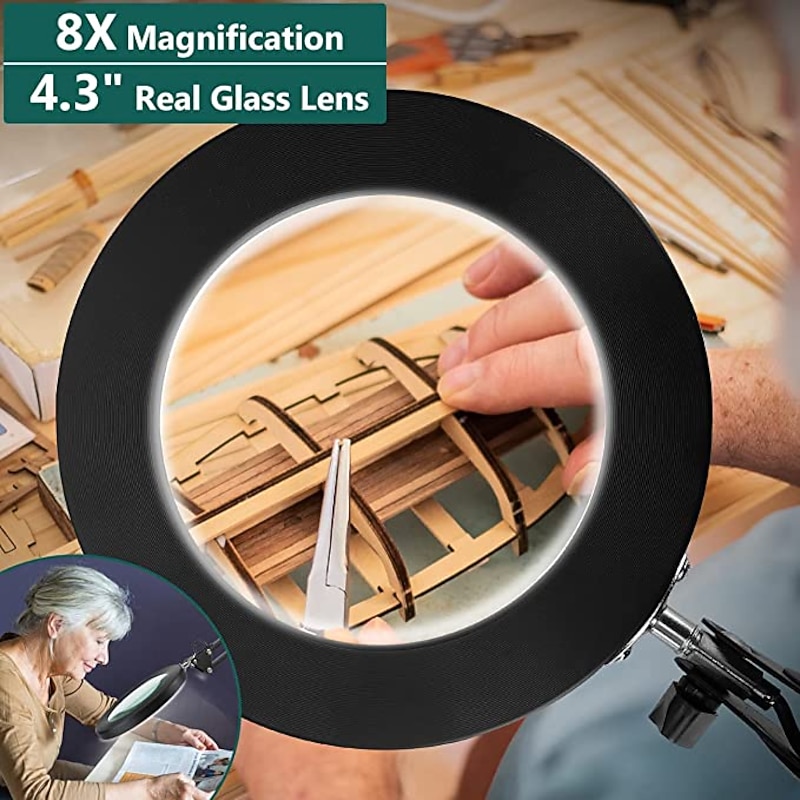 Flexible Clamp-on Table Lamp with 8x Magnifier Glass Swing Arm Dimmable Illuminated Magnifier LEDs Desk Light 3 Color Modes Lamp3