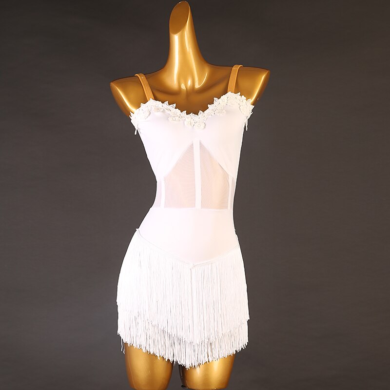 Latin Dance Latin Salsa Dance Dress Tassel Women's Girls' Performance Training Sleeveless High Spandex Tulle