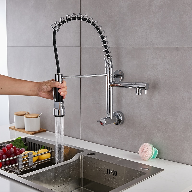 Wall Mounted Kitchen Sink Faucet Only Cold Water Pull Down Sprayer, 360 Swivel Pull Out Kitchen Taps 2 Sprayer Mode Vessel Water Tap Gold Black Chrome2