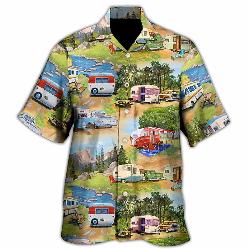 Men's Bus Shirt Summer Hawaiian Shirt Aloha Shirt Short Sleeve Shirt Turndown Tropical Fashion Hawaiian Casual Hawaiian Holiday Blue Brown Green S M L4