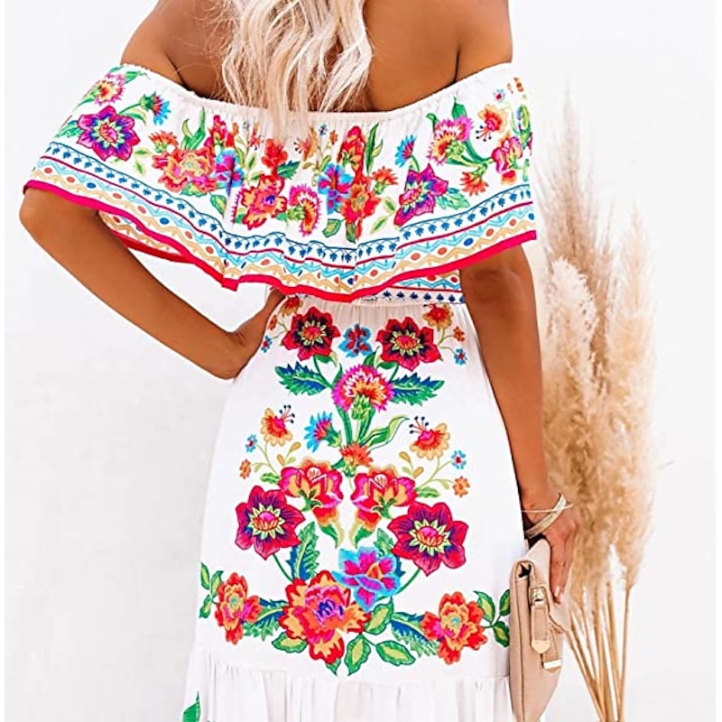 Mexican Dress for Women Off-Shoulder Ruffle Floral Print Summer Party Casual Maxi Dresses Ladies Beach Sundress3
