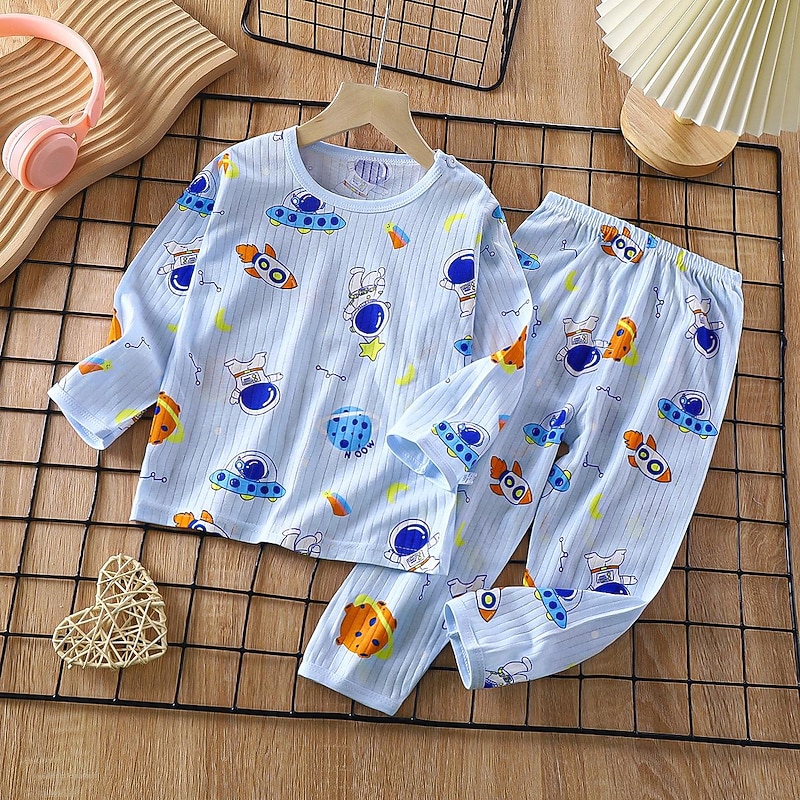 Kids Boys' 2 Pieces Pajama Sets Long Sleeve Long sleeve-Z02-milk dog Long Sleeve-Z04-Milk Tea Bear Long Sleeve-Z06-Spaceship Animal Cartoon Summer Spring Daily Home 7-13 Years2
