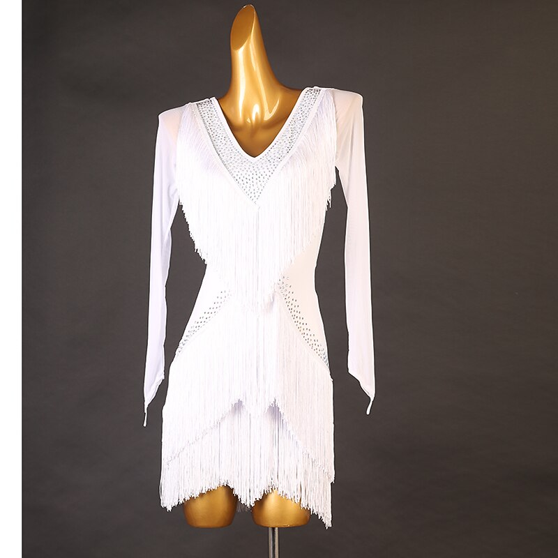 Dance Salsa Latin Dance Dress Rhinestone Fringed Tassel Split Joint Women's Performance Training Long Sleeve High Spandex Tulle3