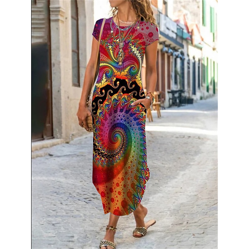 Women's Maxi long Dress Casual Dress Summer Dress Print Dress Classic Casual Mature Vacation Daily Holiday Regular Fit Floral Graphic Color Block Short Sleeve Crew Neck Black White Yellow Red Summer