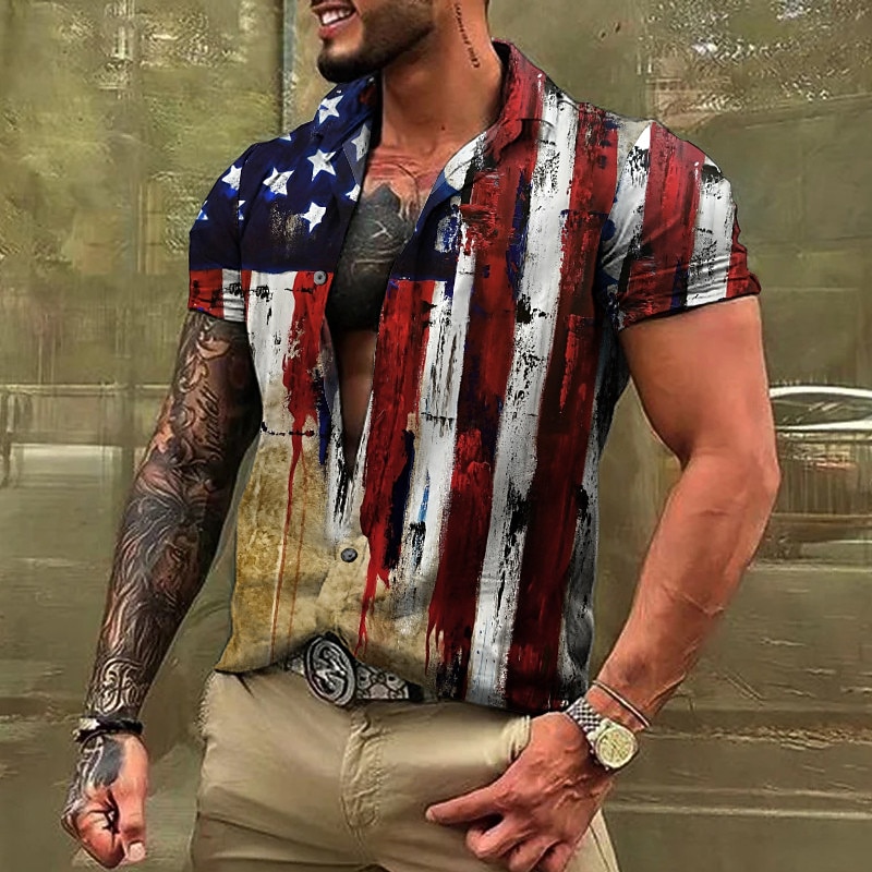 American Independence Day Men's American Flag Shirt Button Up Shirt Short Sleeve Fashion Streetwear Designer Street Daily Independence Day Summer Spring Turndown Print Red Blue Brown Gray