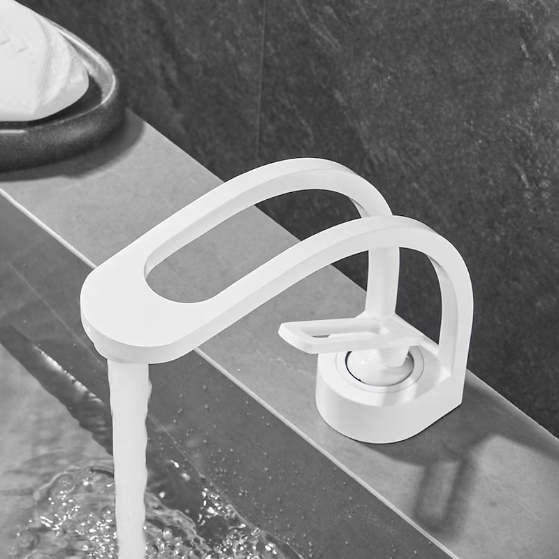 Basin Sink Mixer Taps, Deck Mounted Bathroom Sink Faucet, Brass Sinlge Handle with Hot and Cold Hose, One Hole Vessel Water Tap Chrome Black White Grey4