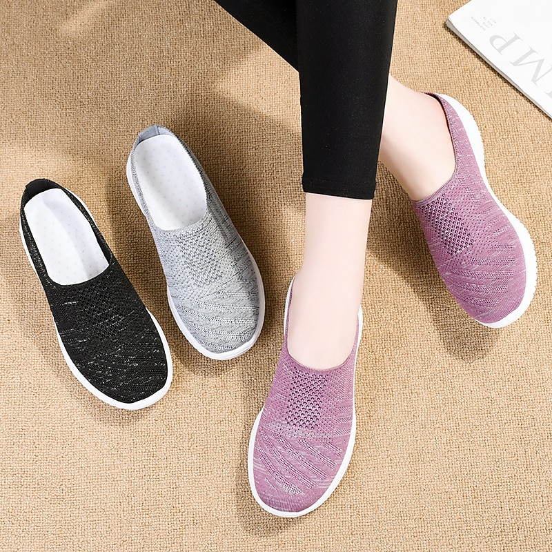 Women's Slip-Ons Plus Size Outdoor Daily Solid Color Summer Flat Heel Round Toe Classic Casual Minimalism Walking Tissage Volant Loafer G-BQ6 gray G-BQ6 black G-BQ6 purple3