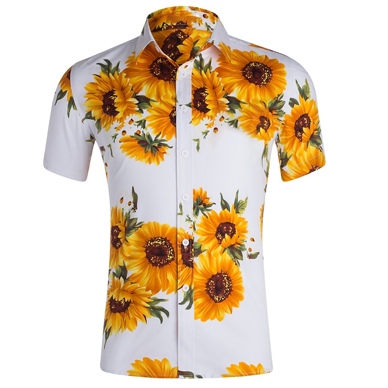 Men's Sunflower Flower Tropical Plants Summer Shirt Casual Shirt Beach Shirt Short Sleeve Shirt Lapel Hawaiian Stylish Casual Vacation Holiday Daily Wear Black White Dark Blue S M L3