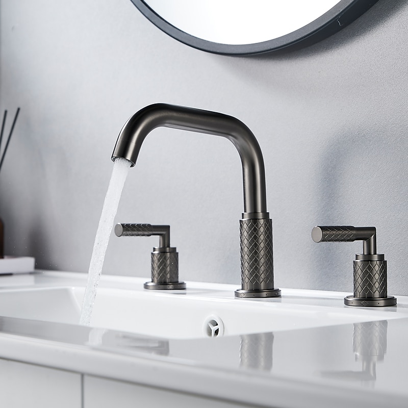 Widespread Bathroom Sink Mixer Faucet 360 Degree Swivel, Brass 3 Hole 2 Handle Basin Tap Deck Mounted, Washroom Basin Vessel Water Tap with Hot and Cold Hose3