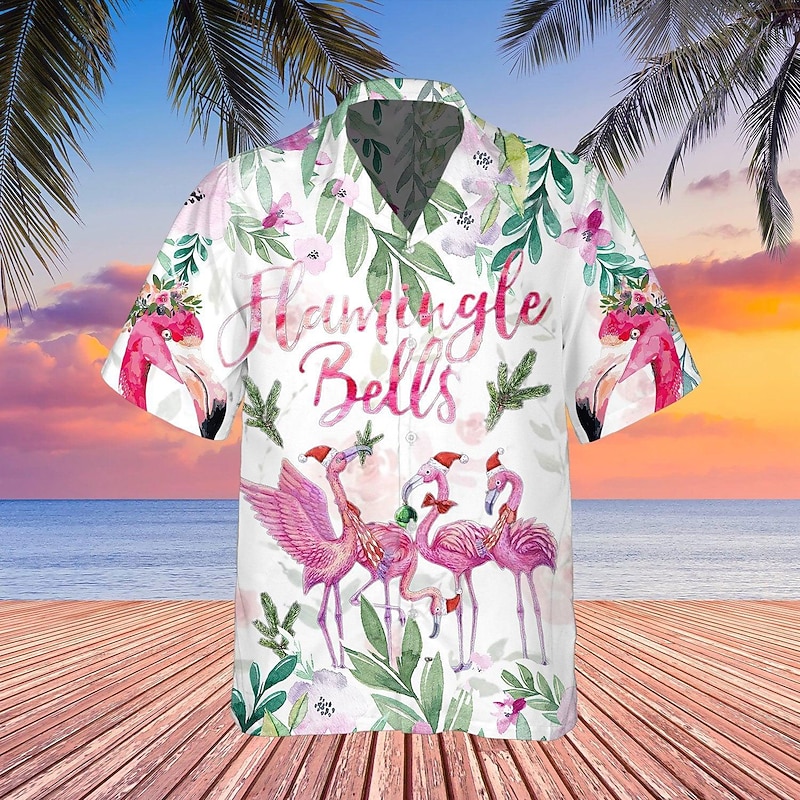 Men's Flamingo Tropical Shirt Summer Hawaiian Shirt Aloha Shirt Short Sleeve Shirt Turndown Tropical Fashion Hawaiian Casual Hawaiian Holiday White Light Green Pink S M L3