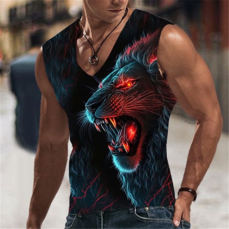 Men's Graphic Animal Lion Vest Top Sleeveless T Shirt for Men Sleeveless T shirt 3D Print V Neck Shirt Designer Casual Muscle Sports Running Gym Blue Orange Green Spring & Summer Clothing Apparel S M