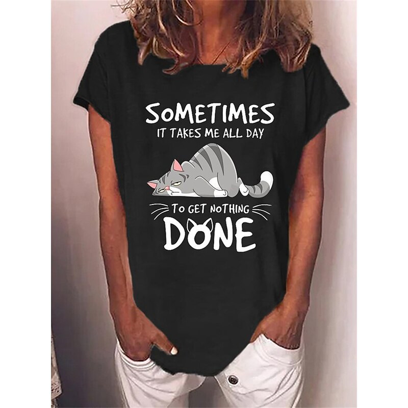 Women's T Shirt Cat Letter Text Basic Short Sleeve Round Neck Regular Tops Daily Weekend Print Black Red Blue Green Gray4