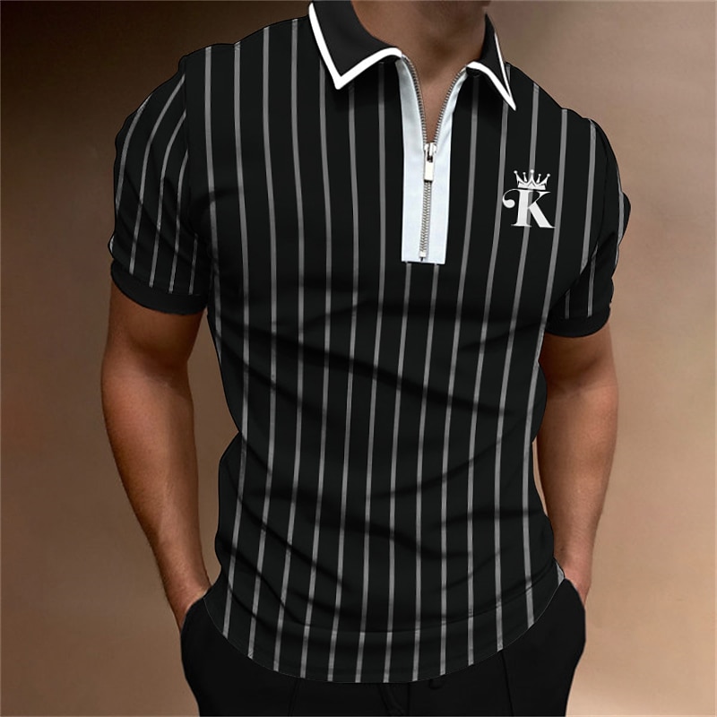 Men's Golf Shirt Polo Street Casual Quarter Zip Short Sleeve Fashion Casual Striped Embroidered Zipper Spring & Summer Regular Fit Black / Gray Wine Royal Blue Golf Shirt - Main Image