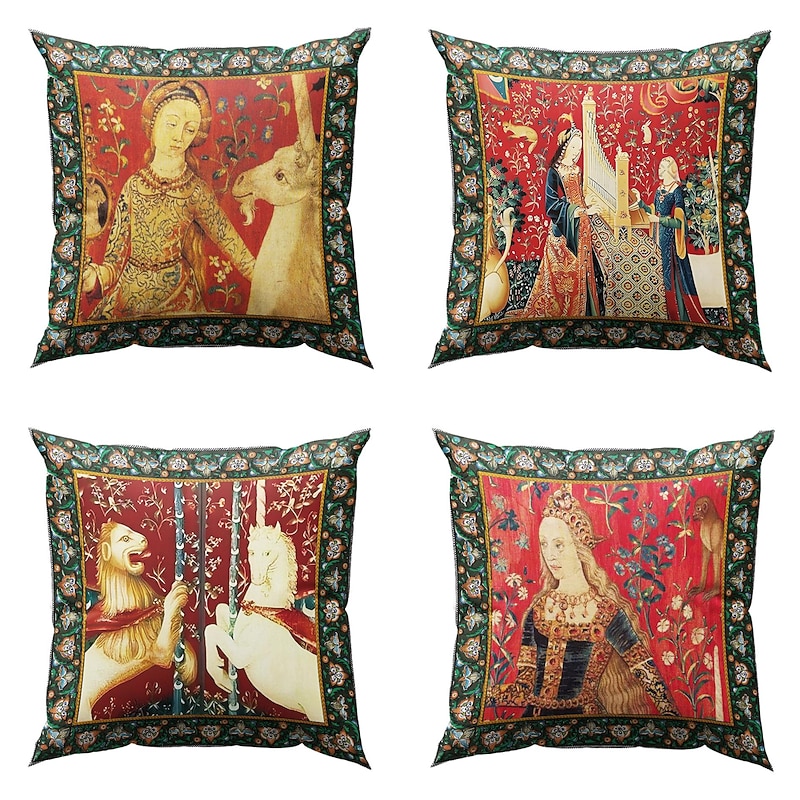 Medieval Double Side Pillow Cover 4PC Lady Unicorn Decorative Cushion Case Pillowcase for Bedroom Livingroom Sofa Couch Chair3