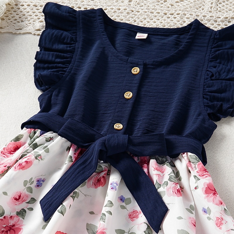 Kids Girls' Dress Floral Short Sleeve Casual Active Daily Cotton Above Knee Casual Dress A Line Dress Summer Spring 2-8 Years Pink Navy Blue3