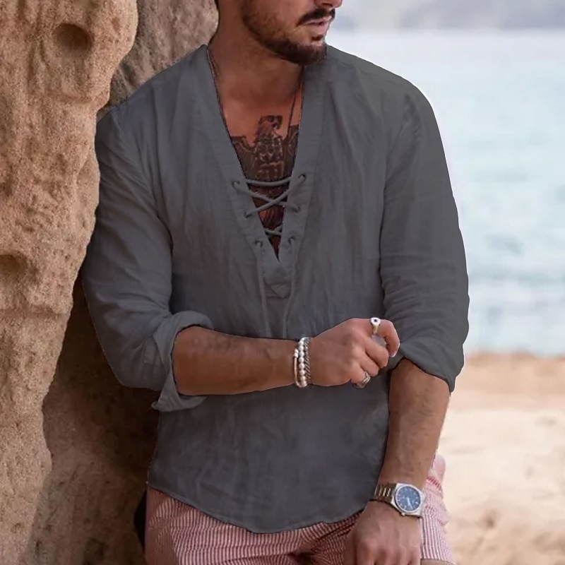 Men's Summer Shirt Beach Shirt Plain Casual Daily White Blue Khaki Gray Long Sleeve V Neck Summer Clothing Apparel Lace up