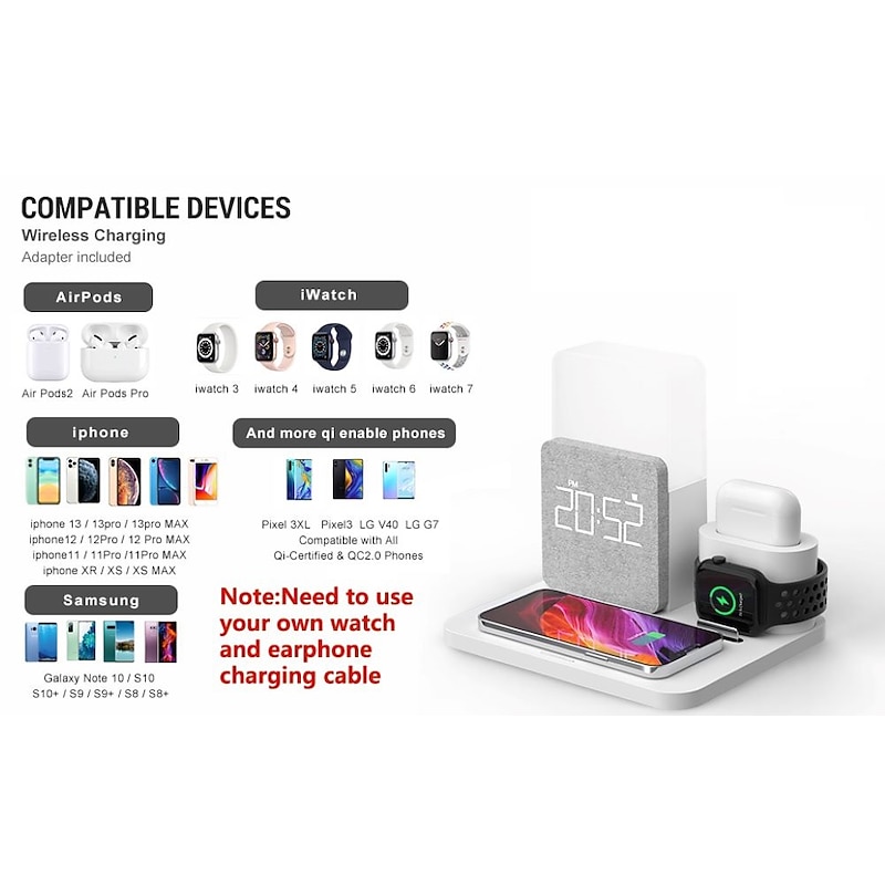 Charging Station 15 W Output Power Wireless Charging Station MSDS UN38.3 RoHs Fast Wireless Charging 5 in 1 Digital Clock For Apple Watch Cellphone AirPods 2 / AirPods Pro3