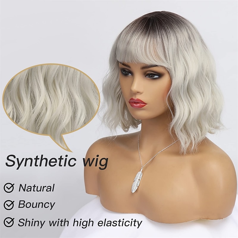Short White Silver Wigs for Women Ombre Black Grey Curly Wig with Bangs Medium Length Synthetic Hair Water Wave Bob Wig Gray Colorful Wigs Elegant Style3