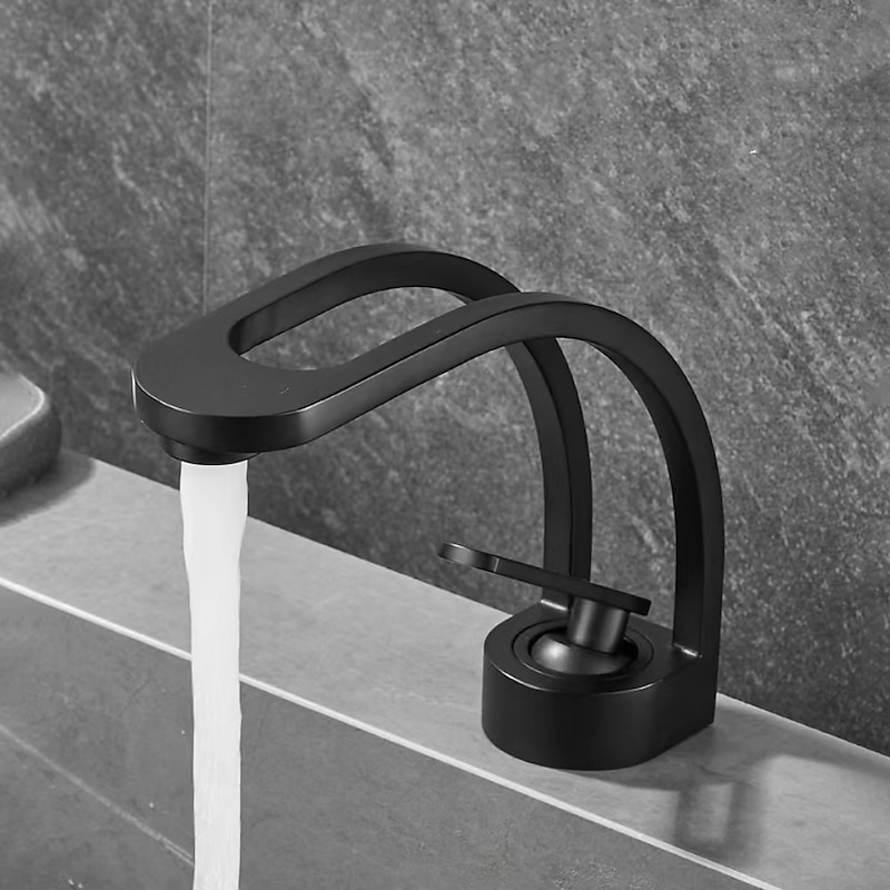 Basin Sink Mixer Taps, Deck Mounted Bathroom Sink Faucet, Brass Sinlge Handle with Hot and Cold Hose, One Hole Vessel Water Tap Chrome Black White Grey2