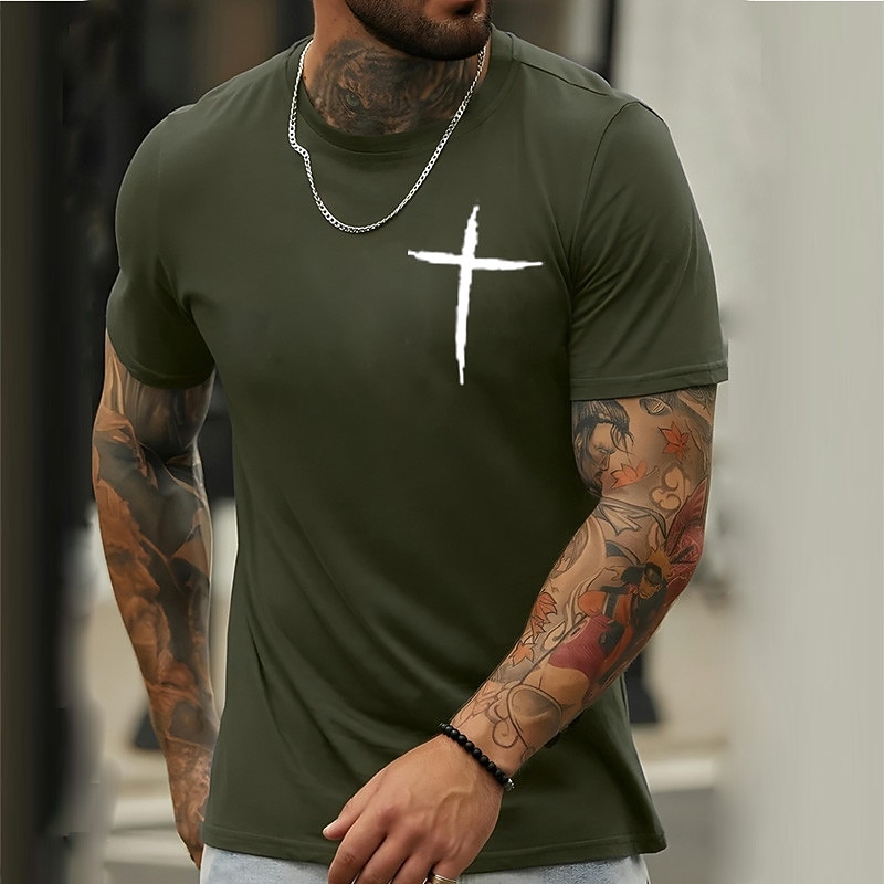 Men's Short Sleeve Graphic T-Shirt with White Cross Symbol for Lifestyle & Faith