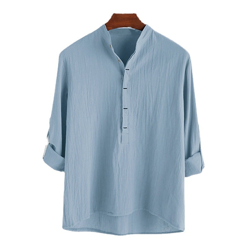 Men's Cotton Linen Shirt White Cotton Shirt Chinese Collar Shirt Mandarin Collar Shirt Summer Shirt Beach Shirt Plain Vacation Casual White Navy Blue Blue Brown Long Sleeve V Neck Spring &  Fall4